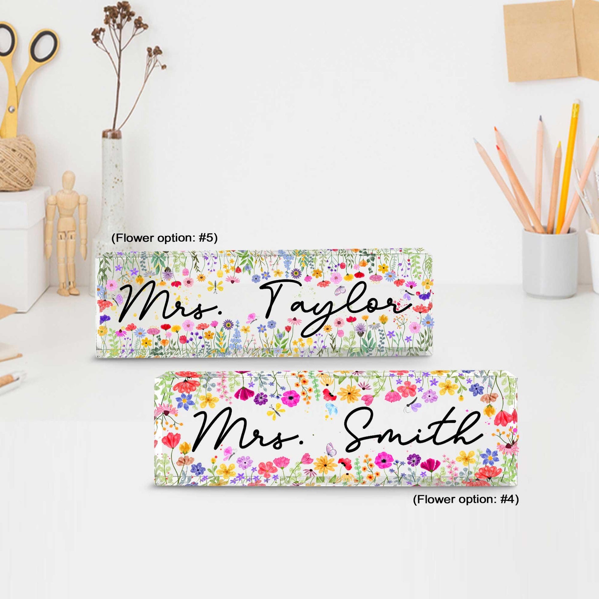 Custom Teacher Name Plate Desk Plaque Flower, Teacher Appreciation Gift, Teacher Gift, Teacher Acrylic Desk Name Sign, Back To School Gift