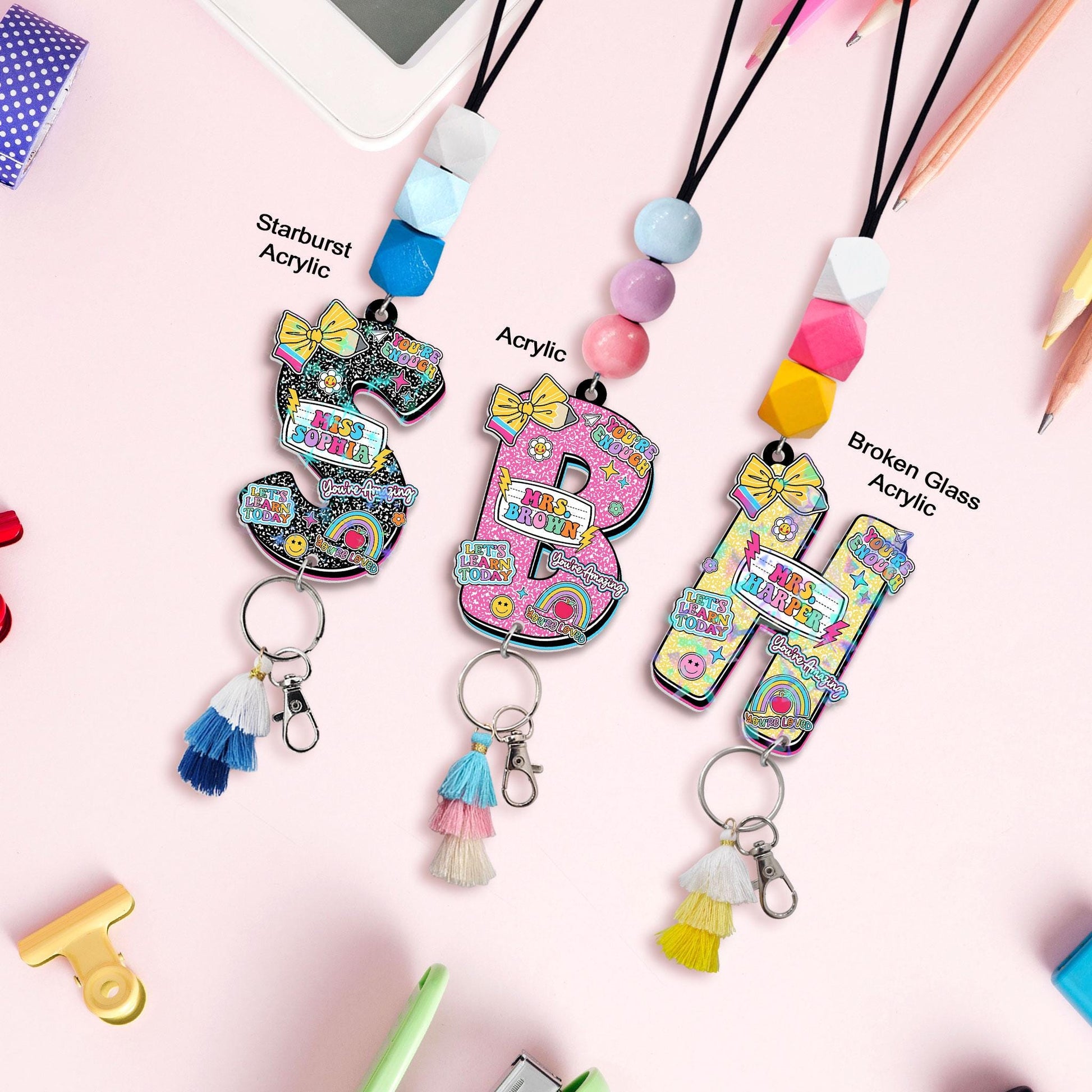 Personalized Beaded Teacher Lanyard: Custom Name ID Badge, Wood or Acrylic