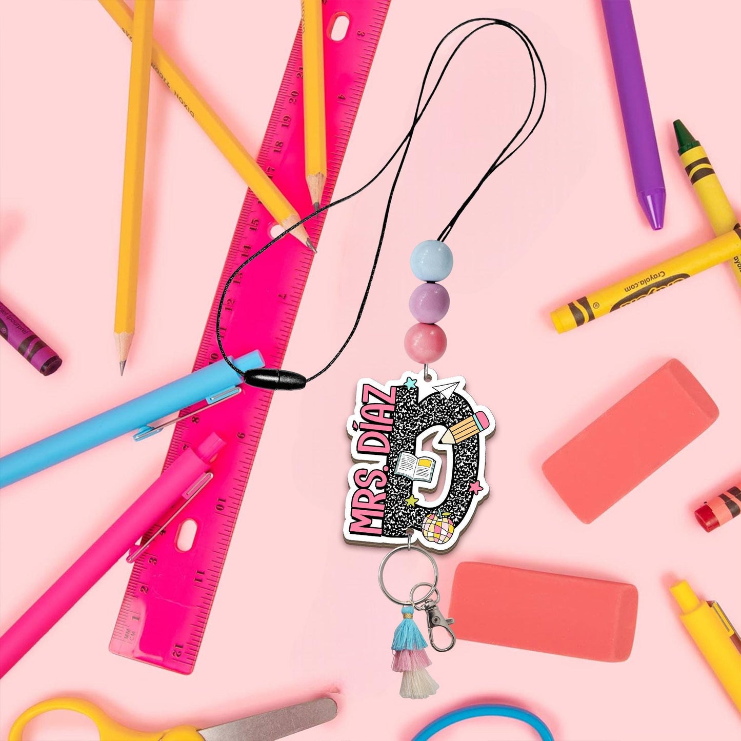 Personalized Teacher Lanyard: Beaded ID Badge Holder with Wood or Acrylic Charm