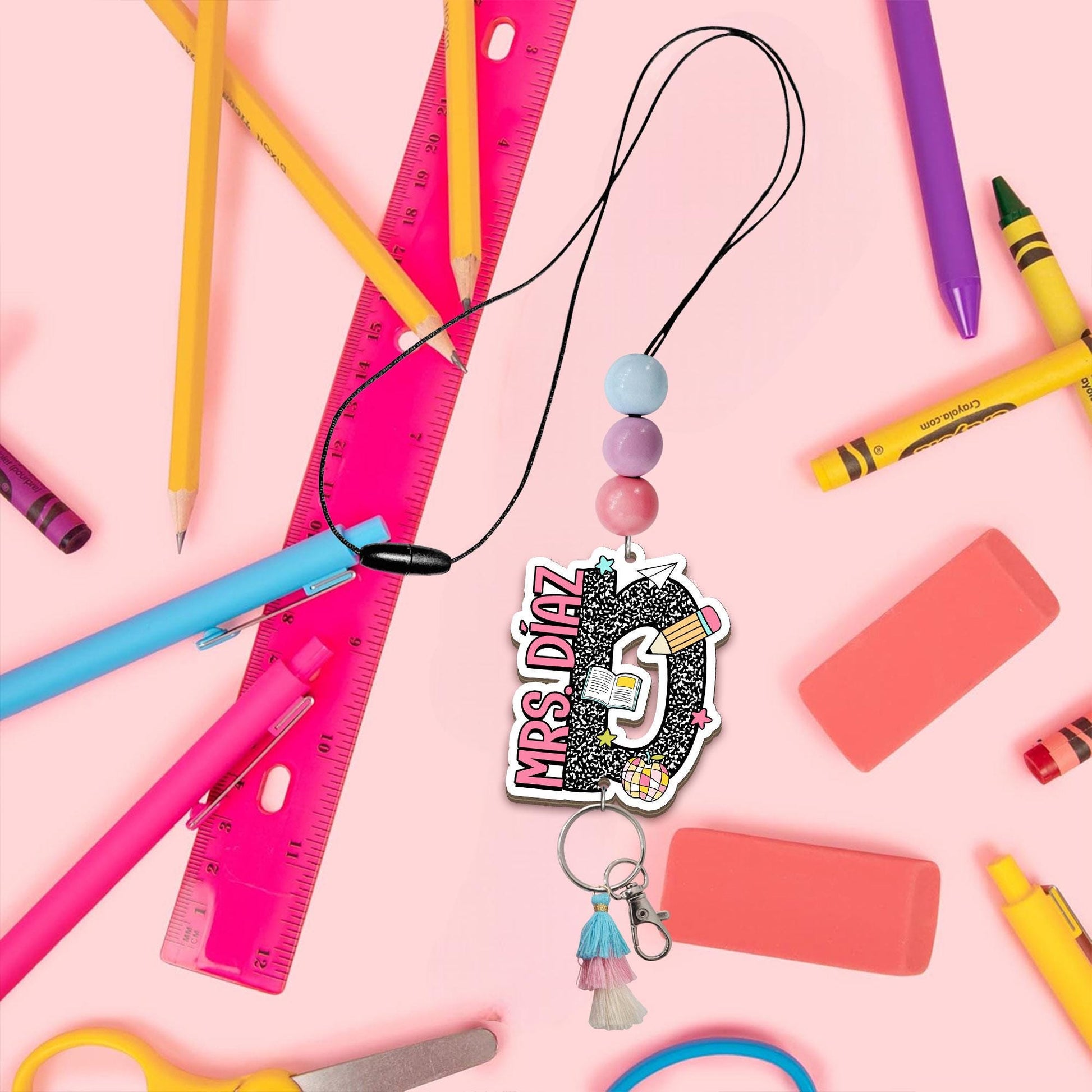 Personalized Teacher Lanyard: Beaded ID Badge Holder with Wood or Acrylic Charm