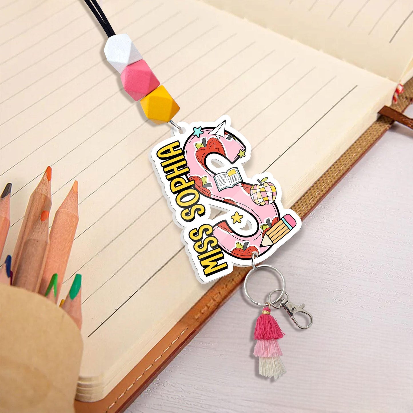 Personalized Teacher Lanyard: Beaded ID Badge Holder with Wood or Acrylic Charm