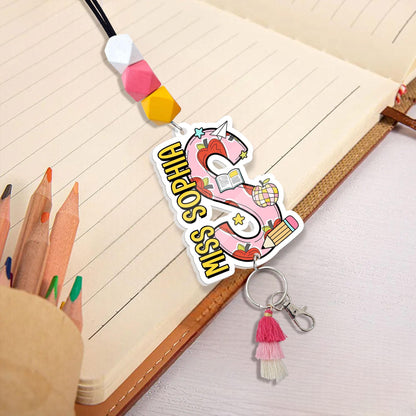 Personalized Teacher Lanyard: Beaded ID Badge Holder with Wood or Acrylic Charm