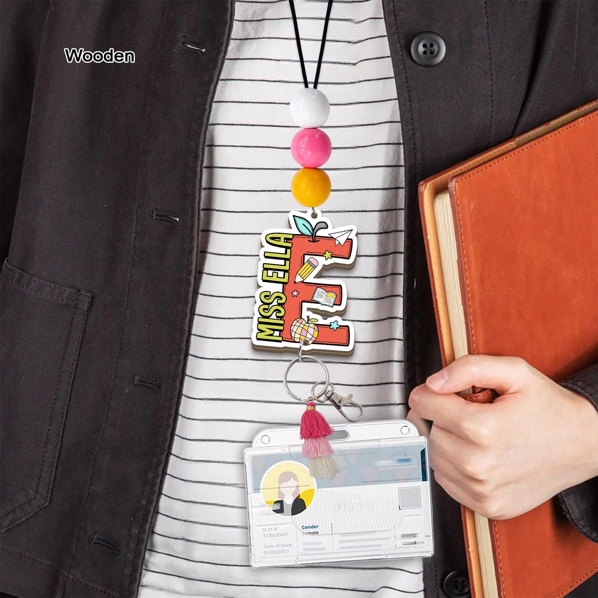 Personalized Teacher Lanyard: Beaded ID Badge Holder with Wood or Acrylic Charm