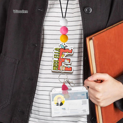 Personalized Teacher Lanyard: Beaded ID Badge Holder with Wood or Acrylic Charm