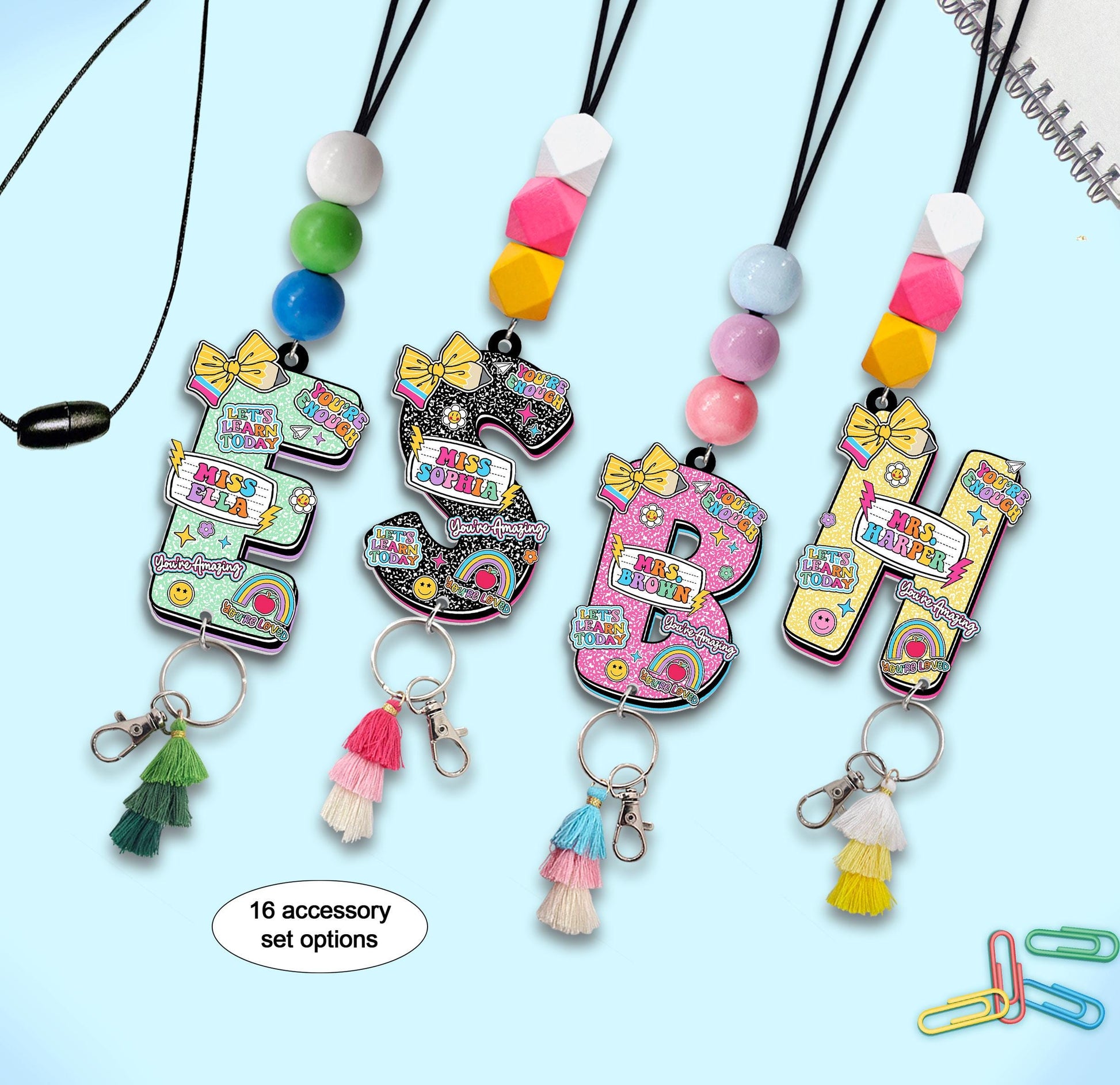 Personalized Beaded Teacher Lanyard: Custom Name ID Badge, Wood or Acrylic