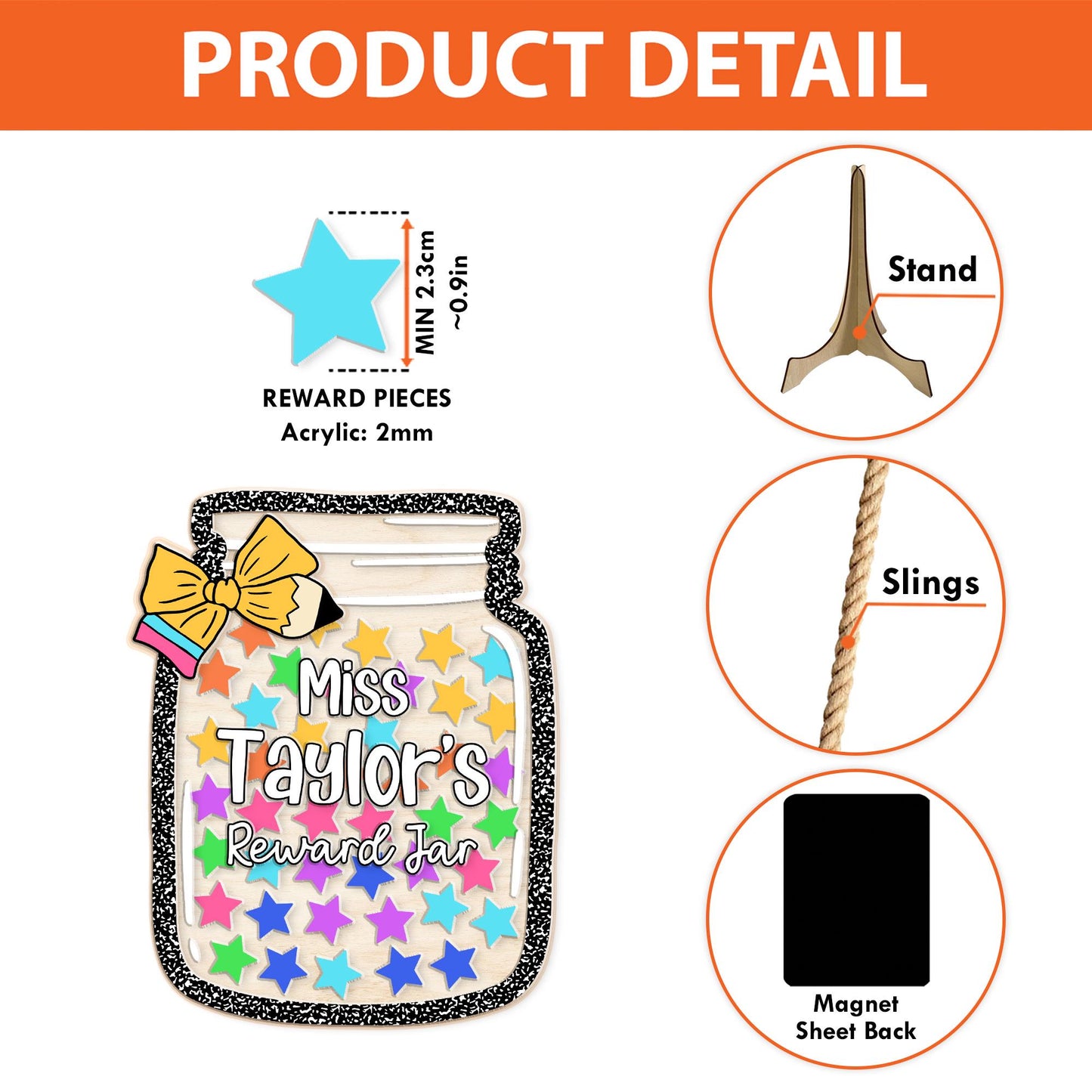 Custom Teacher Reward Jar, Star Magnetic Reward Jar, Fridge Wood and Acrylic Printed Custom Name, Back to School, Teacher Appreciation Gifts