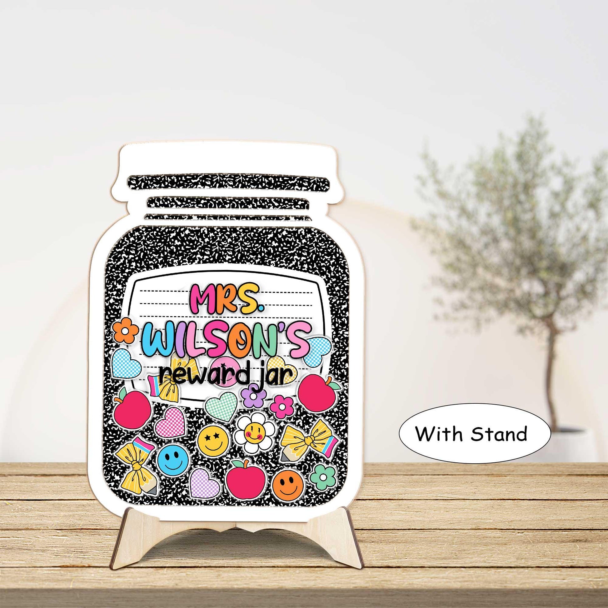 Custom Teacher Reward Jar, Composition Book Reward Jar Classroom, Teacher Appreciation Gifts, Fridge Wood and Acrylic Printed Custom Name