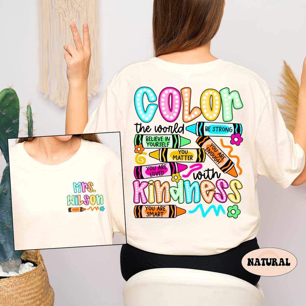 Personalized Teacher Shirt, Color The World With Kindness Teacher Crayon, Back To School, Kindergarten Teacher, Teacher Appreciation Gift