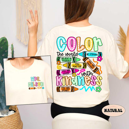 Personalized Teacher Shirt, Color The World With Kindness Teacher Crayon, Back To School, Kindergarten Teacher, Teacher Appreciation Gift