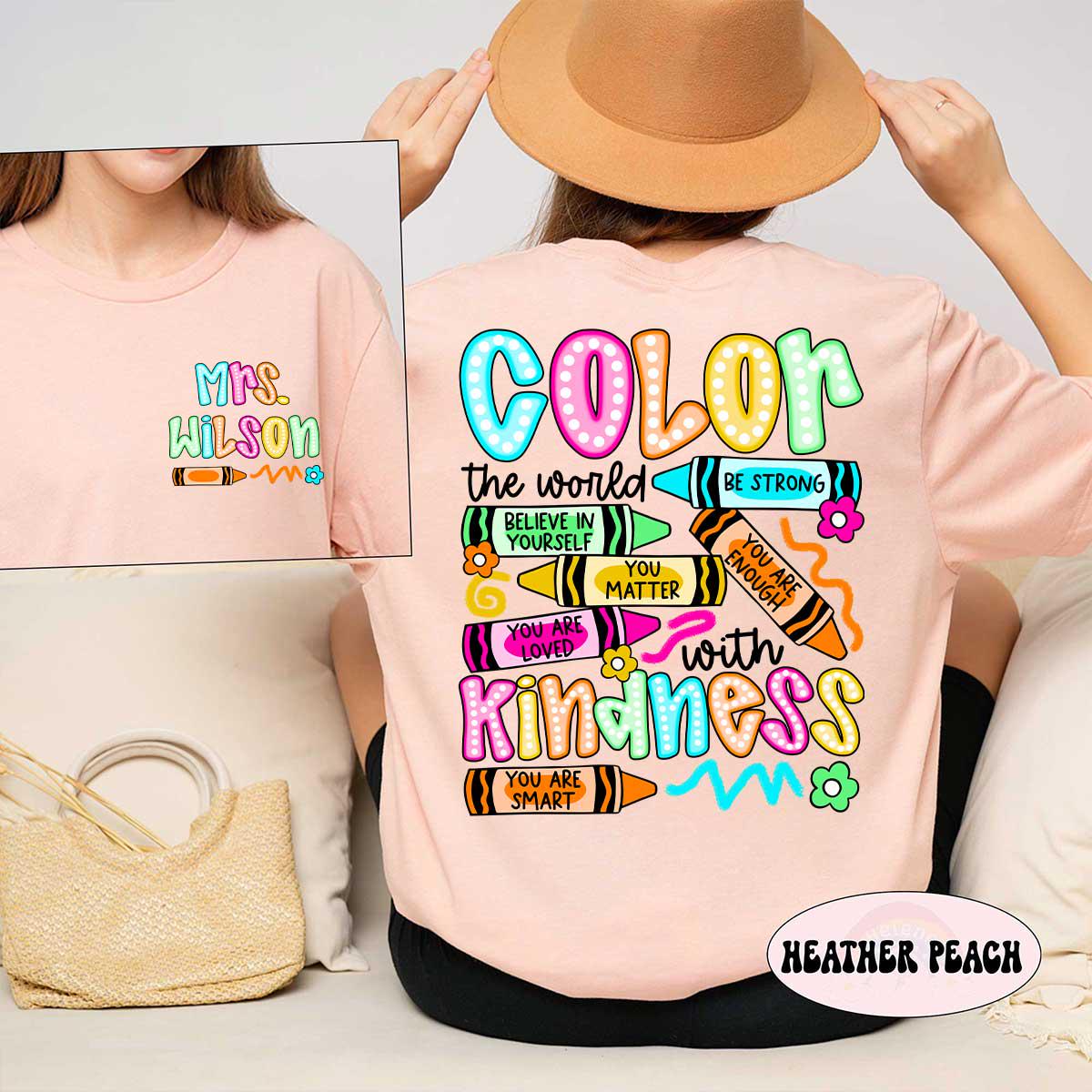 Personalized Teacher Shirt, Color The World With Kindness Teacher Crayon, Back To School, Kindergarten Teacher, Teacher Appreciation Gift