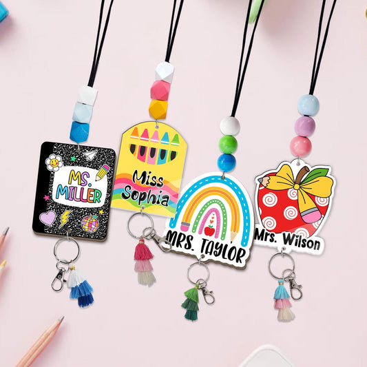 Personalized Teacher Lanyard: Beaded ID Badge Holder with Tassel