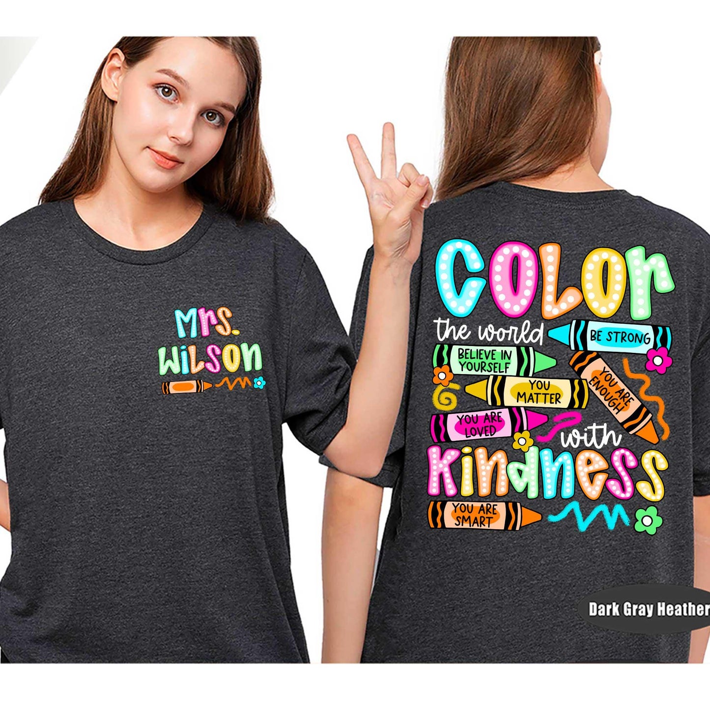Personalized Teacher Shirt, Color The World With Kindness Teacher Crayon, Back To School, Kindergarten Teacher, Teacher Appreciation Gift