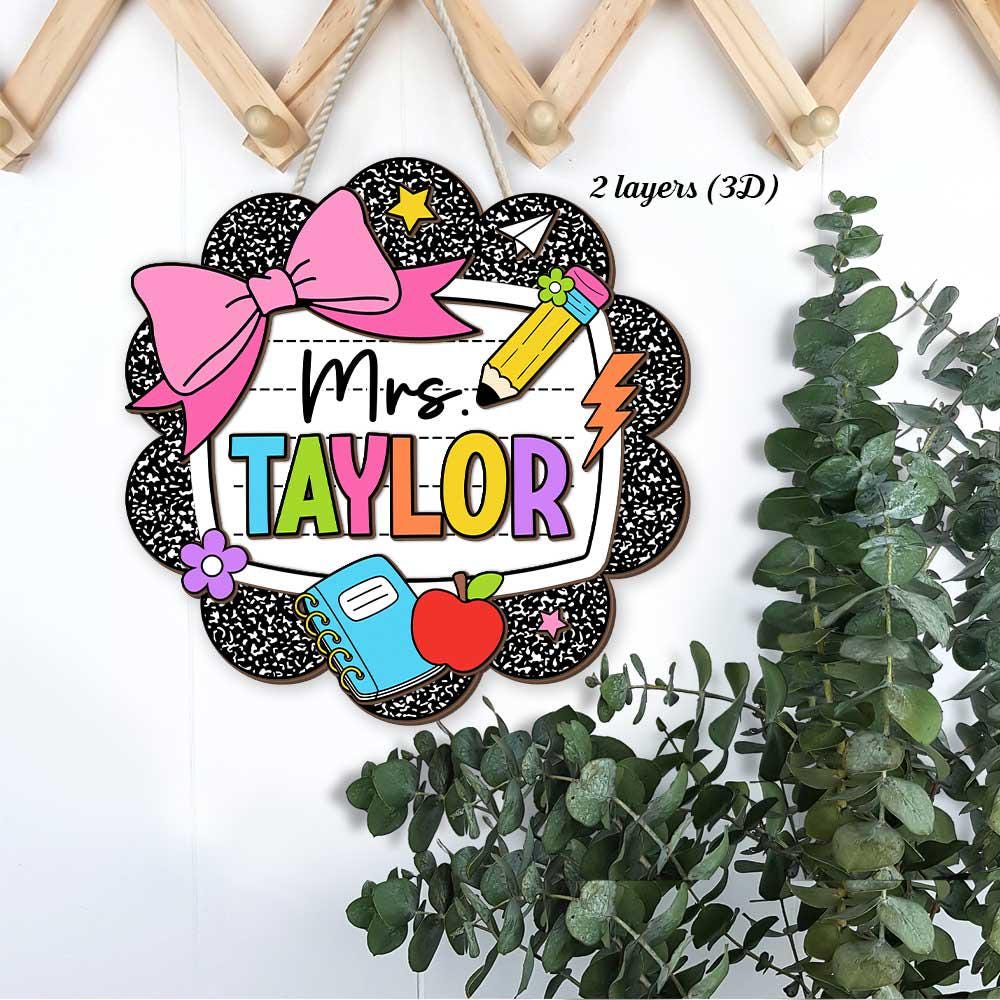 Teacher Appreciation Gift, Custom Teacher Door Hanger Composition Book 3D Wooden Sign, Back To School Gift, Teacher Name Class Welcome Sign