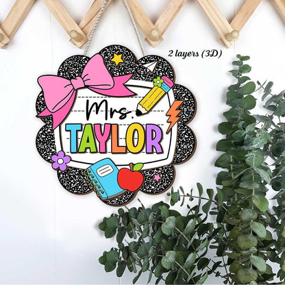 Teacher Appreciation Gift, Custom Teacher Door Hanger Composition Book 3D Wooden Sign, Back To School Gift, Teacher Name Class Welcome Sign