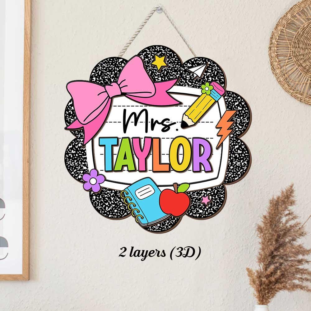 Teacher Appreciation Gift, Custom Teacher Door Hanger Composition Book 3D Wooden Sign, Back To School Gift, Teacher Name Class Welcome Sign