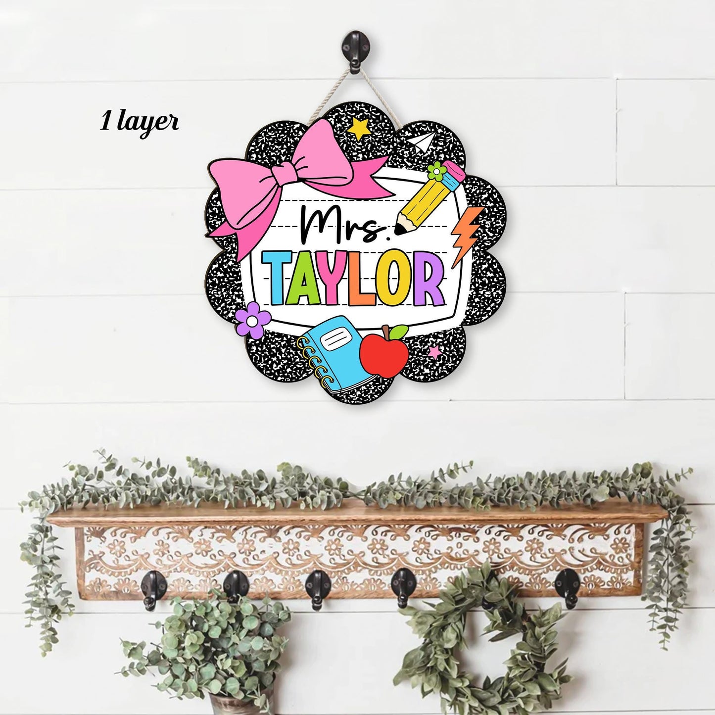 Teacher Appreciation Gift, Custom Teacher Door Hanger Composition Book 3D Wooden Sign, Back To School Gift, Teacher Name Class Welcome Sign