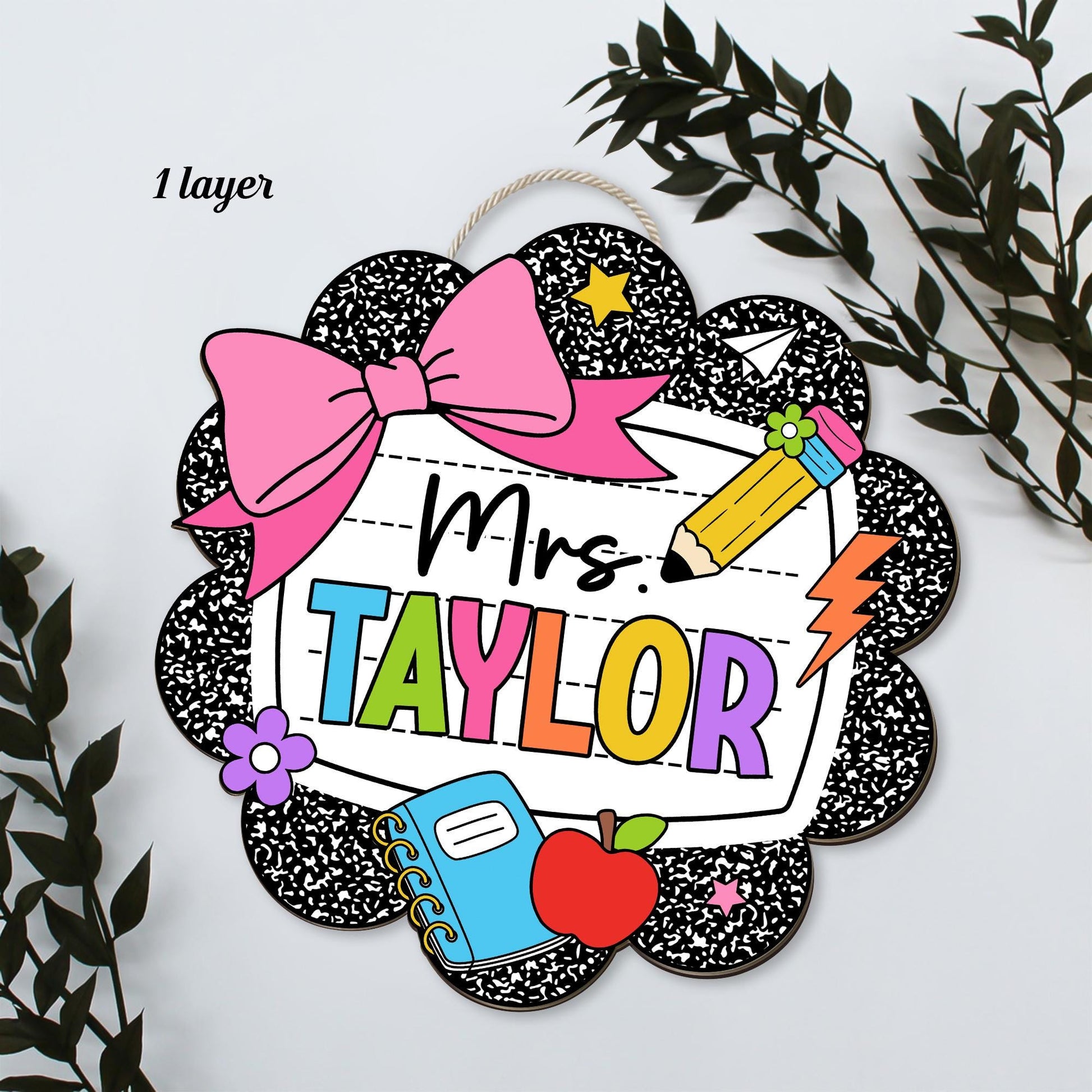 Teacher Appreciation Gift, Custom Teacher Door Hanger Composition Book 3D Wooden Sign, Back To School Gift, Teacher Name Class Welcome Sign