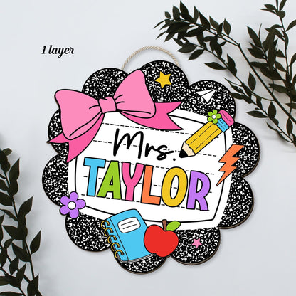 Teacher Appreciation Gift, Custom Teacher Door Hanger Composition Book 3D Wooden Sign, Back To School Gift, Teacher Name Class Welcome Sign