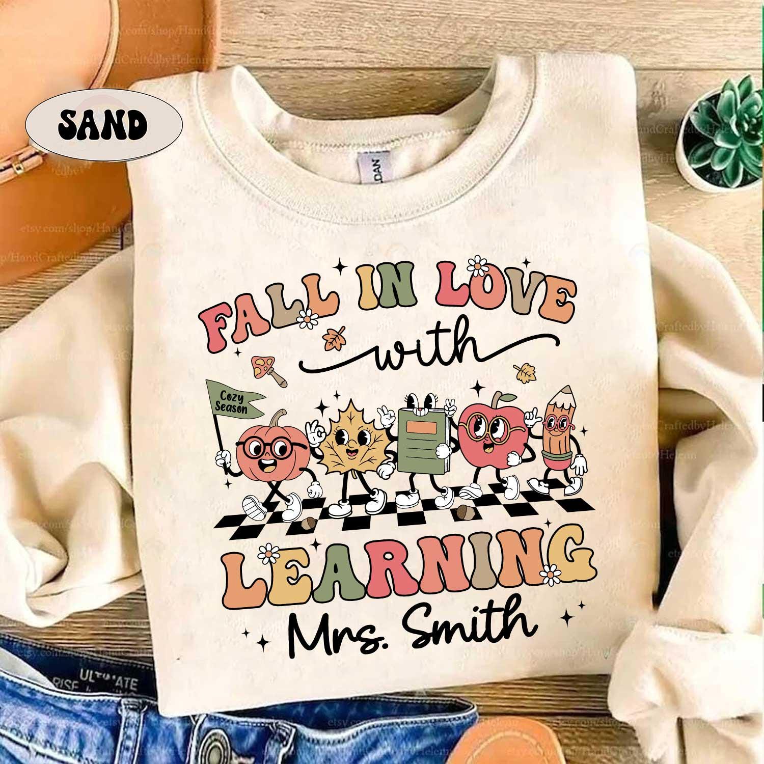 Teacher Shirt Fall In Love With Learning, Teacher Thanksgiving Shirt Retro Fall Custom Teacher Shirt, Teacher Pumpkins, Kindergarten Teacher