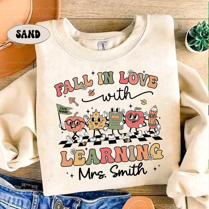 Teacher Shirt Fall In Love With Learning, Teacher Thanksgiving Shirt Retro Fall Custom Teacher Shirt, Teacher Pumpkins, Kindergarten Teacher