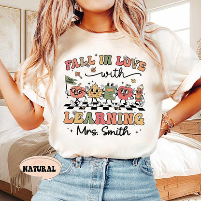 Teacher Shirt Fall In Love With Learning, Teacher Thanksgiving Shirt Retro Fall Custom Teacher Shirt, Teacher Pumpkins, Kindergarten Teacher
