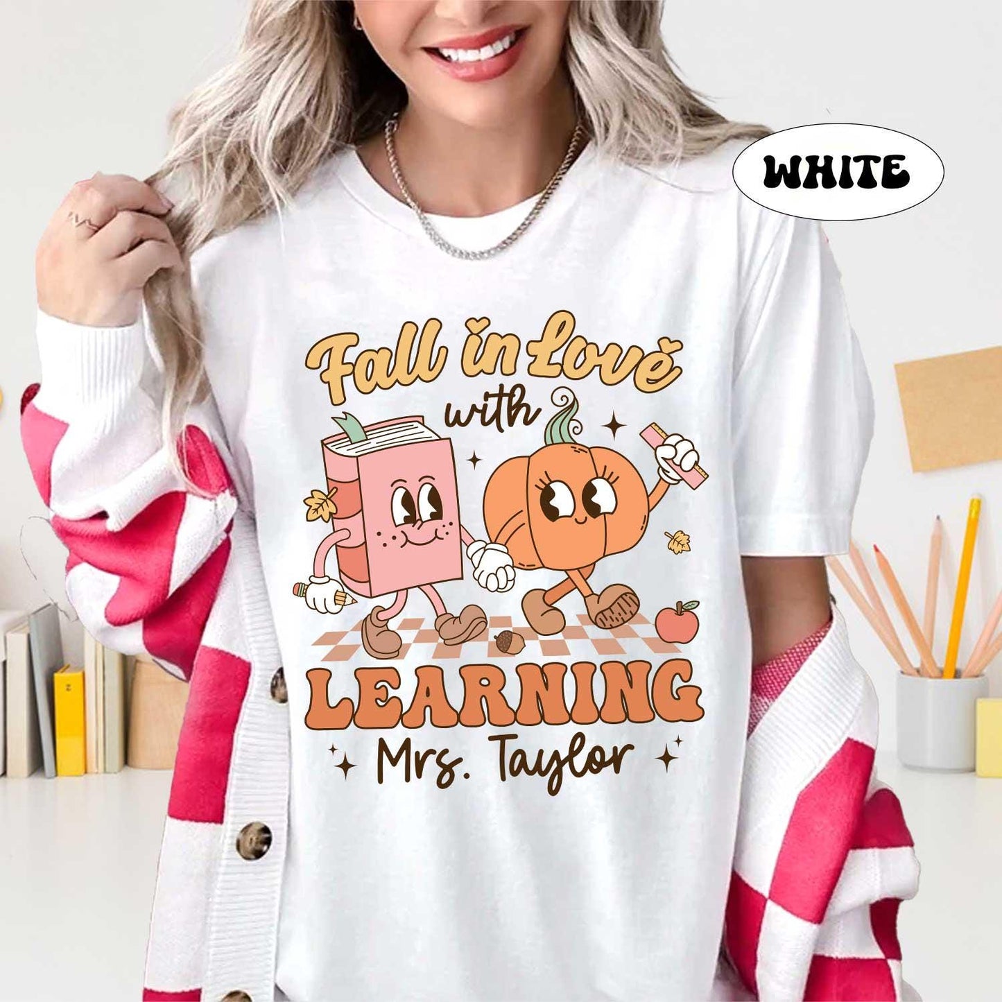 Teacher Shirt Fall In Love With Learning, Custom Teacher Shirt, Teacher Pumpkin Fall Shirt Halloween Spooky Shirt, Thanksgving Teacher Shirt
