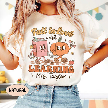 Teacher Shirt Fall In Love With Learning, Custom Teacher Shirt, Teacher Pumpkin Fall Shirt Halloween Spooky Shirt, Thanksgving Teacher Shirt
