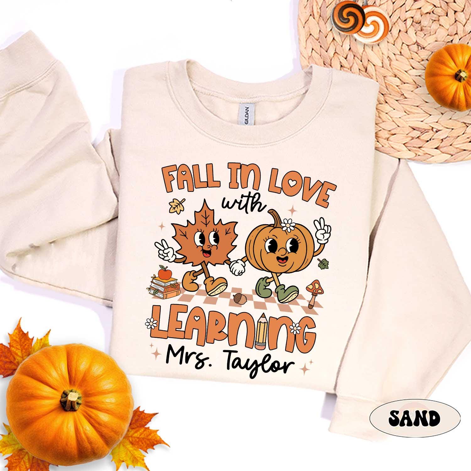 Custom Teacher Shirt Fall In Love With Learning, Teacher Pumpkin Fall Shirt Halloween Spooky, Teacher Thanksgiving Sweatshirt, Teacher Gifts