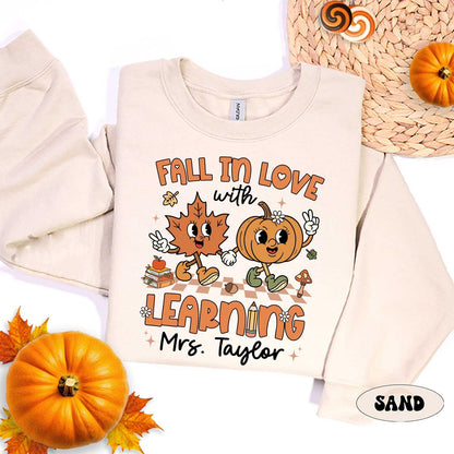 Custom Teacher Shirt Fall In Love With Learning, Teacher Pumpkin Fall Shirt Halloween Spooky, Teacher Thanksgiving Sweatshirt, Teacher Gifts