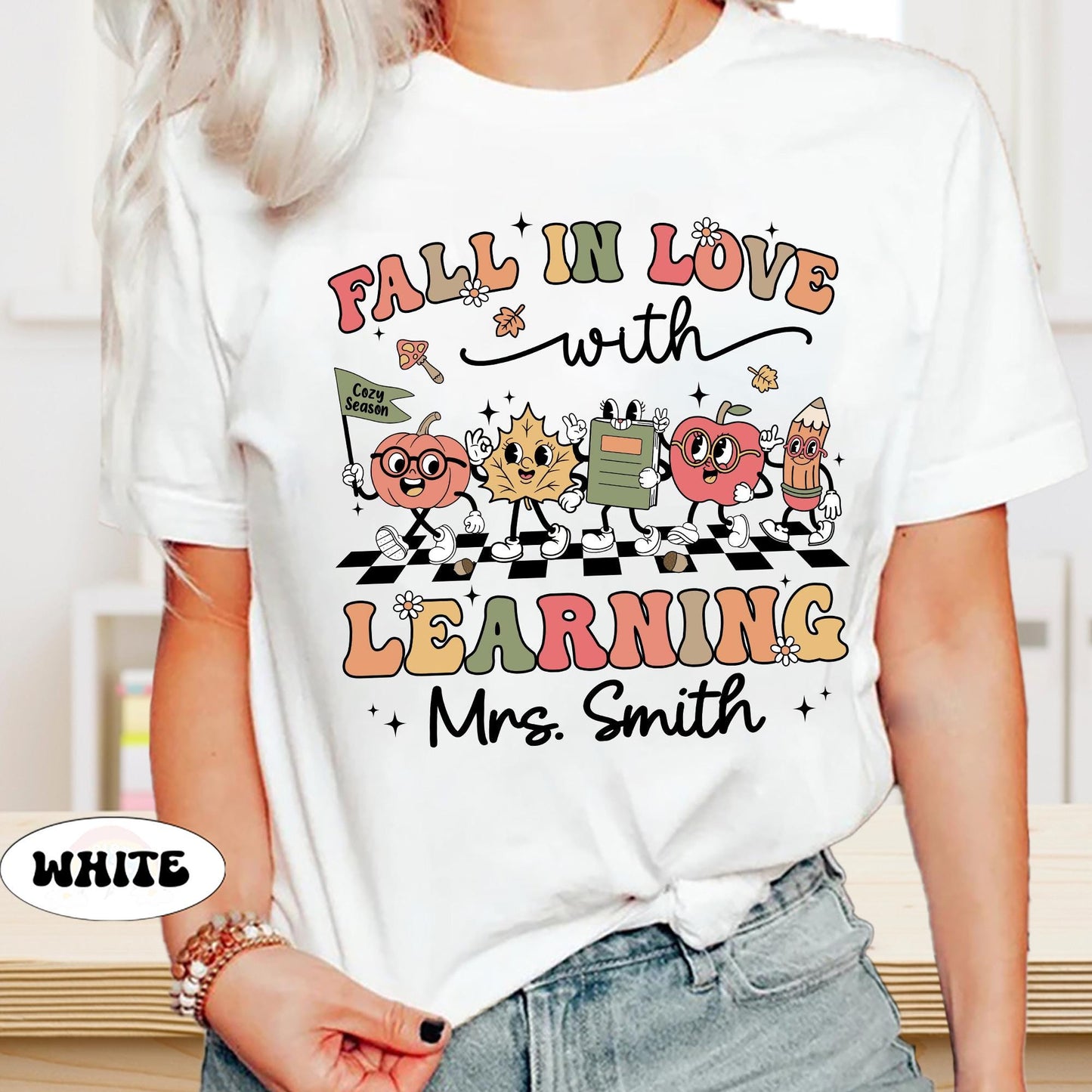 Teacher Shirt Fall In Love With Learning, Teacher Thanksgiving Shirt Retro Fall Custom Teacher Shirt, Teacher Pumpkins, Kindergarten Teacher