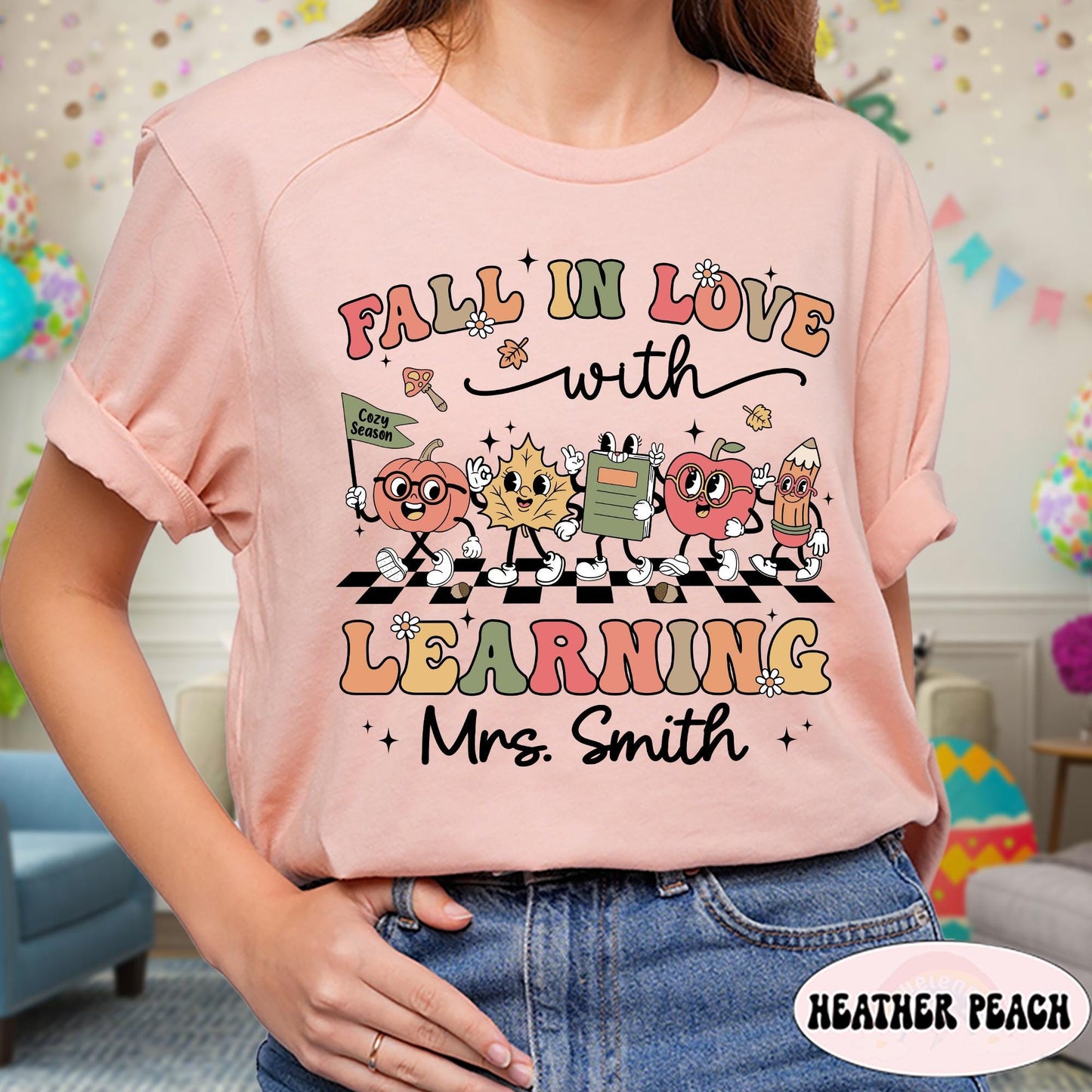 Teacher Shirt Fall In Love With Learning, Teacher Thanksgiving Shirt Retro Fall Custom Teacher Shirt, Teacher Pumpkins, Kindergarten Teacher