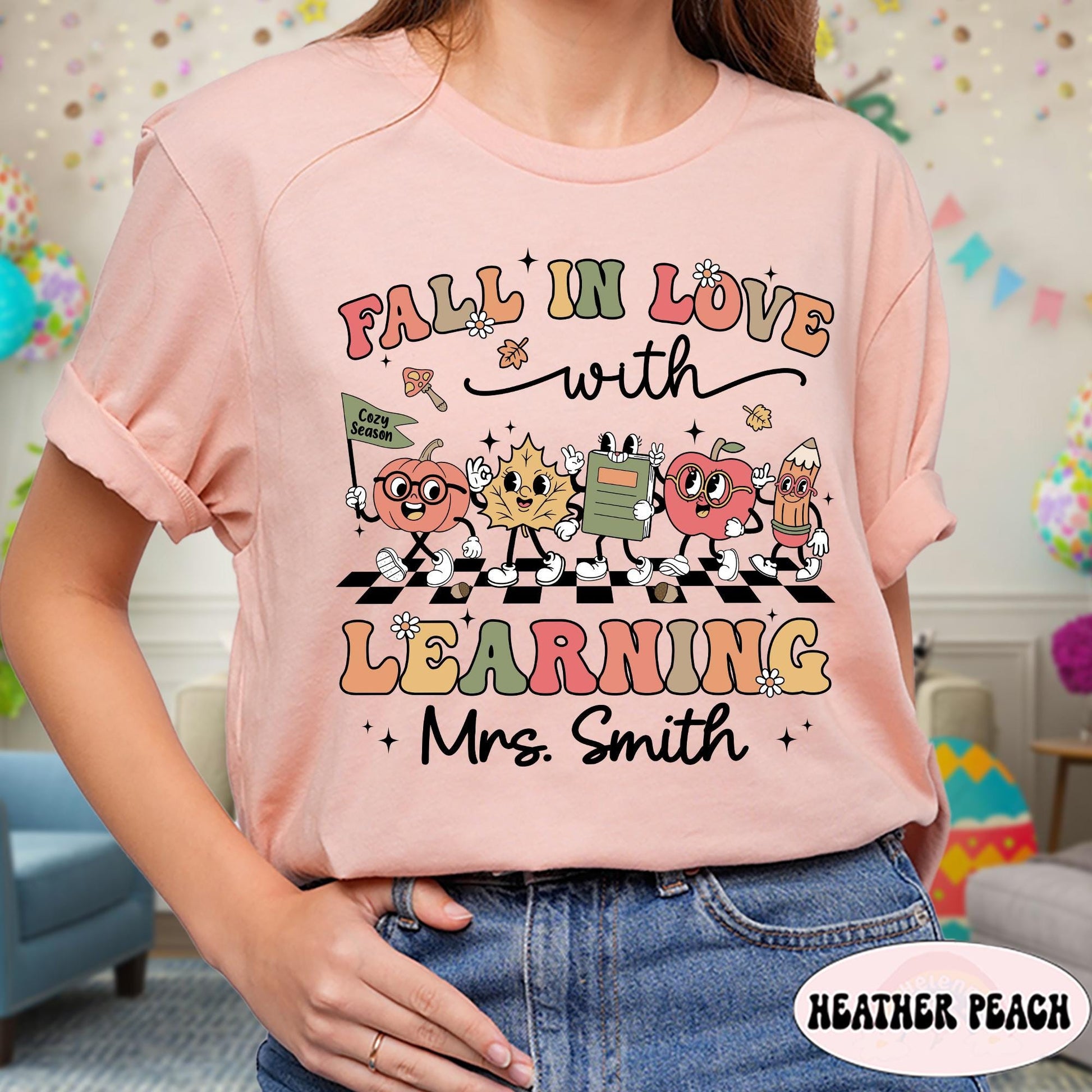 Teacher Shirt Fall In Love With Learning, Teacher Thanksgiving Shirt Retro Fall Custom Teacher Shirt, Teacher Pumpkins, Kindergarten Teacher