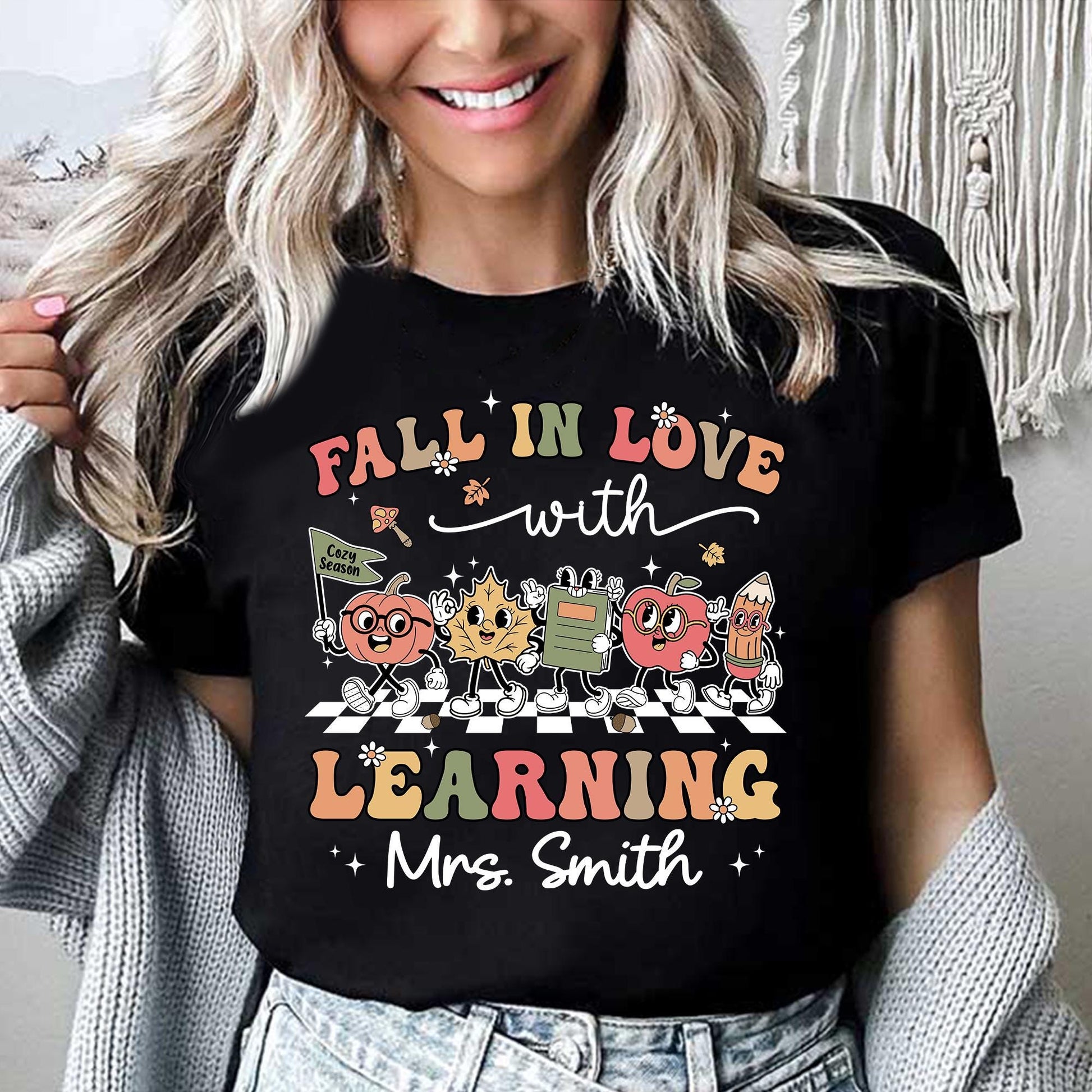 Teacher Shirt Fall In Love With Learning, Teacher Thanksgiving Shirt Retro Fall Custom Teacher Shirt, Teacher Pumpkins, Kindergarten Teacher