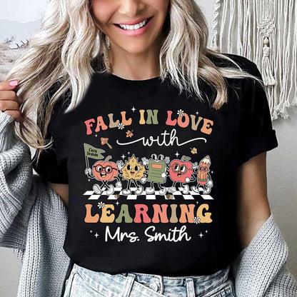 Teacher Shirt Fall In Love With Learning, Teacher Thanksgiving Shirt Retro Fall Custom Teacher Shirt, Teacher Pumpkins, Kindergarten Teacher