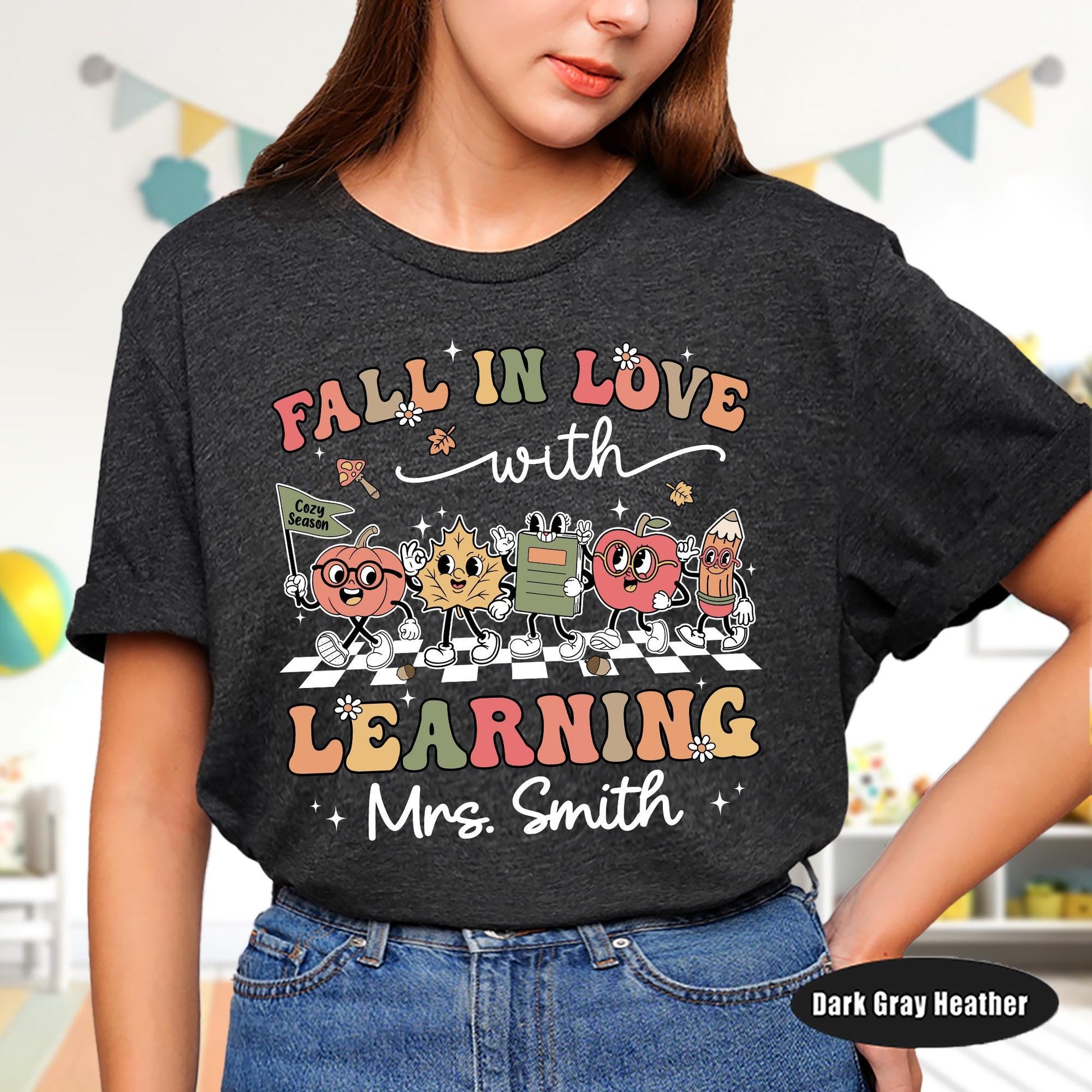 Teacher Shirt Fall In Love With Learning, Teacher Thanksgiving Shirt Retro Fall Custom Teacher Shirt, Teacher Pumpkins, Kindergarten Teacher