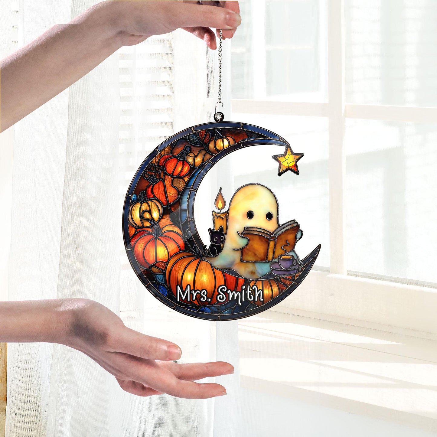 Cute Ghost Reading Book Halloween Suncatcher, Halloween Suncatcher ACRYLIC Window Hanging, Teacher Book Gift, Librarian Gift Book Lover Gift