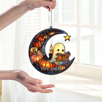 Cute Ghost Reading Book Halloween Suncatcher, Halloween Suncatcher ACRYLIC Window Hanging, Teacher Book Gift, Librarian Gift Book Lover Gift