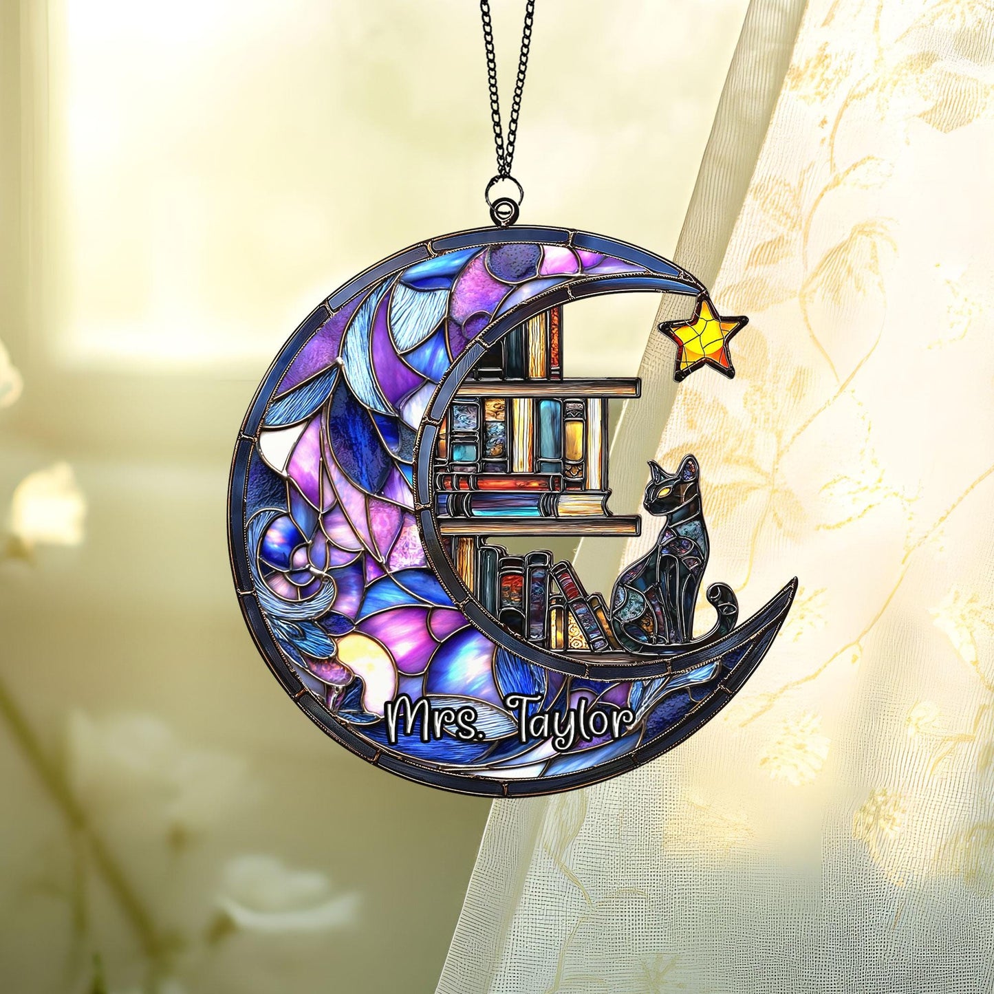 Personalized Cat Book Suncatcher, Reading Cat Suncatcher, Bookish Gift, Cat Window Hangings, Cat Lover Gift Book Lovers Gift, Librarian Gift