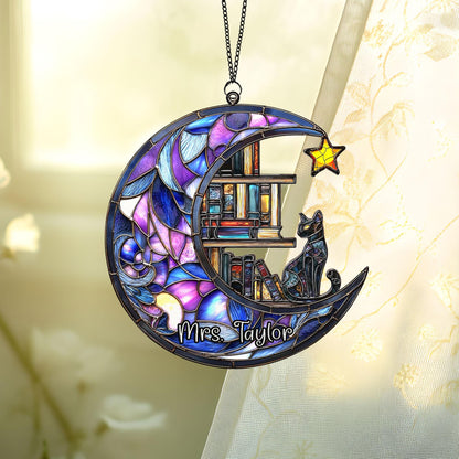 Personalized Cat Book Suncatcher, Reading Cat Suncatcher, Bookish Gift, Cat Window Hangings, Cat Lover Gift Book Lovers Gift, Librarian Gift