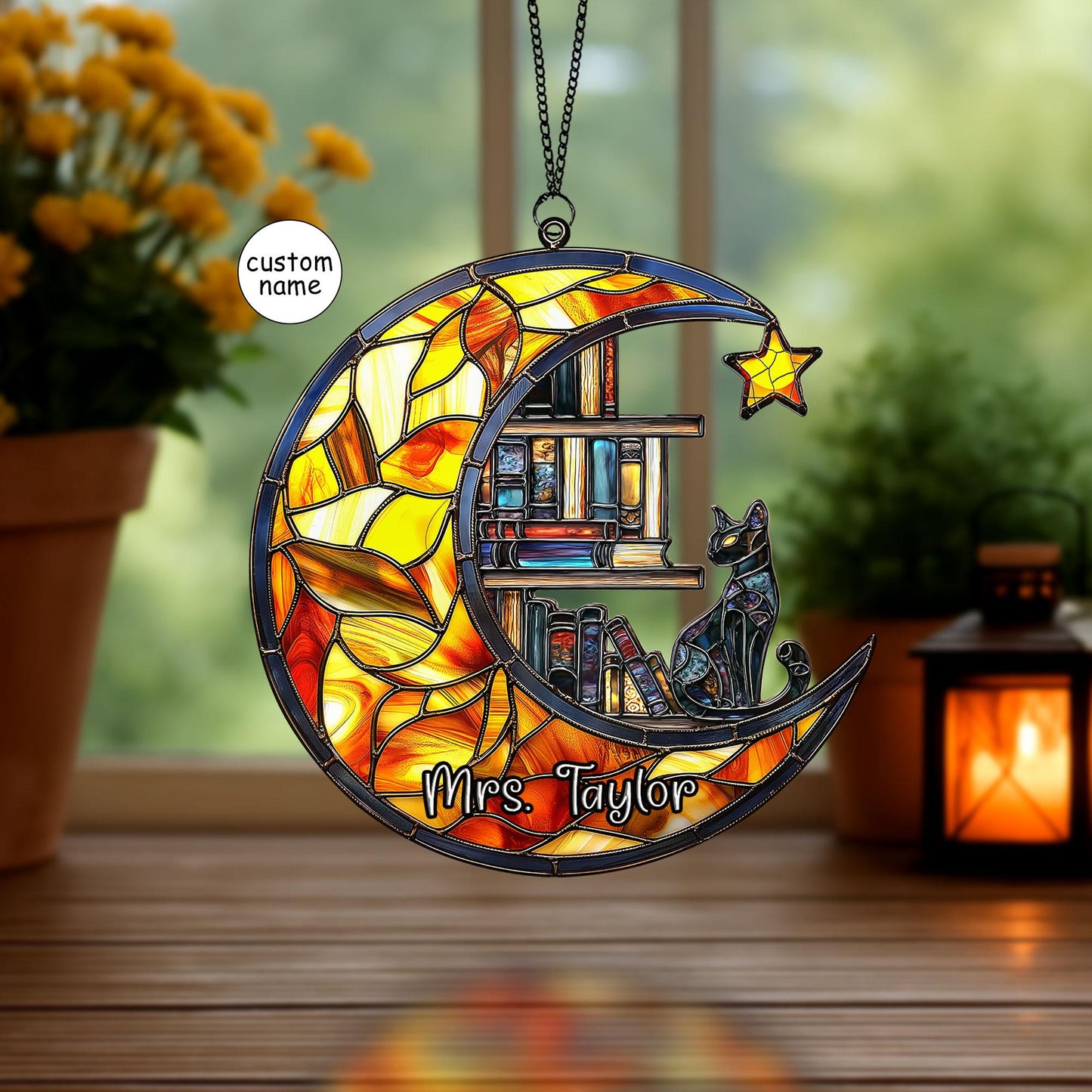 Personalized Cat Book Suncatcher, Reading Cat Suncatcher, Bookish Gift, Cat Window Hangings, Cat Lover Gift Book Lovers Gift, Librarian Gift