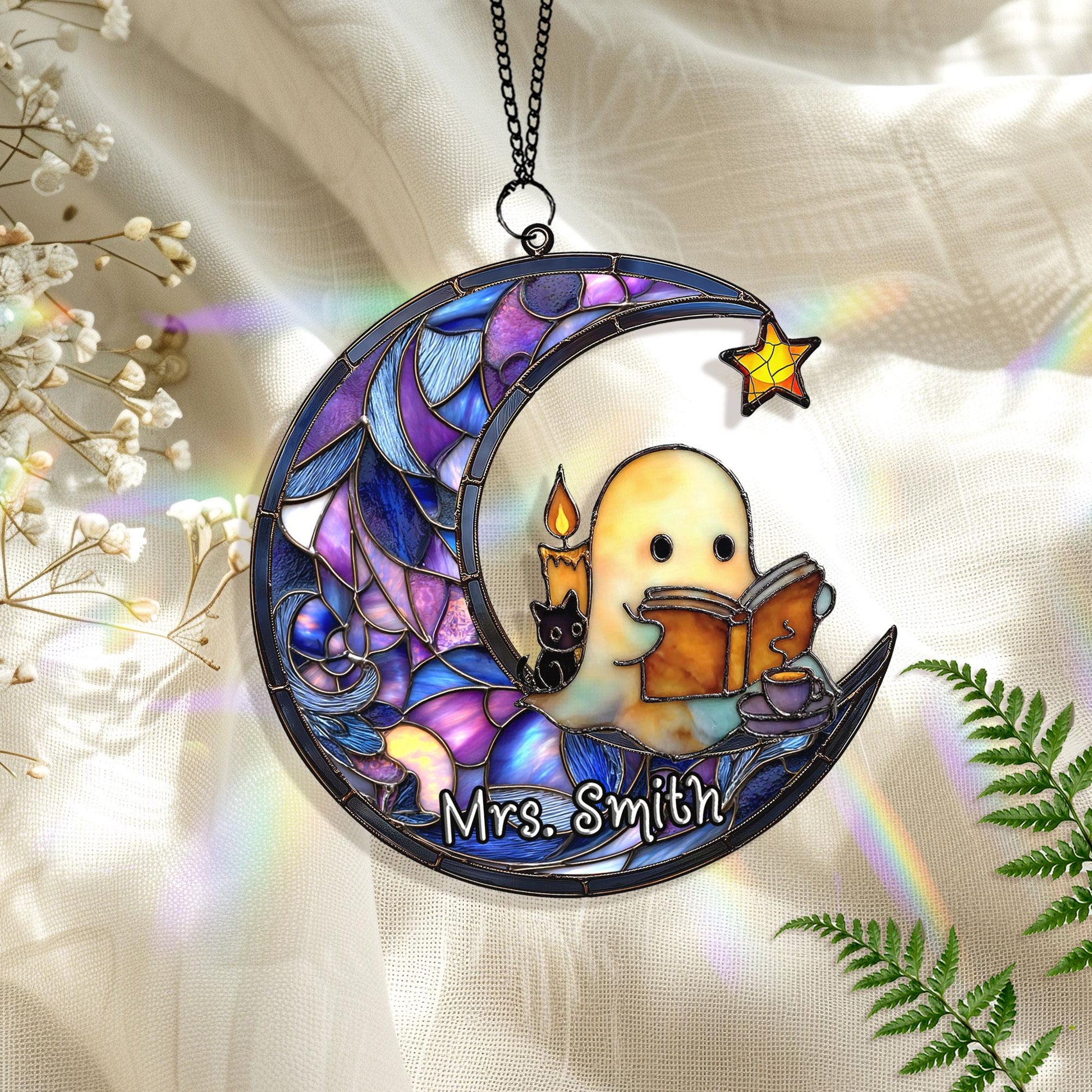 Cute Ghost Reading Book Halloween Suncatcher, Halloween Suncatcher ACRYLIC Window Hanging, Teacher Book Gift, Librarian Gift Book Lover Gift