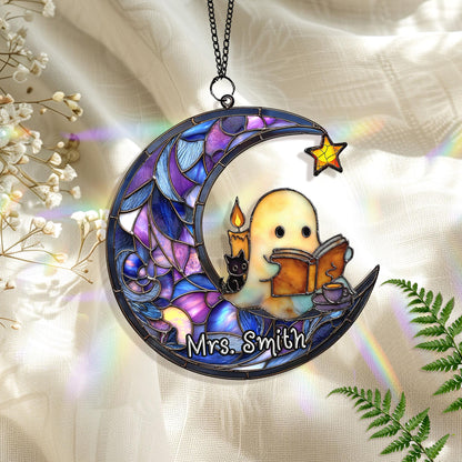 Cute Ghost Reading Book Halloween Suncatcher, Halloween Suncatcher ACRYLIC Window Hanging, Teacher Book Gift, Librarian Gift Book Lover Gift