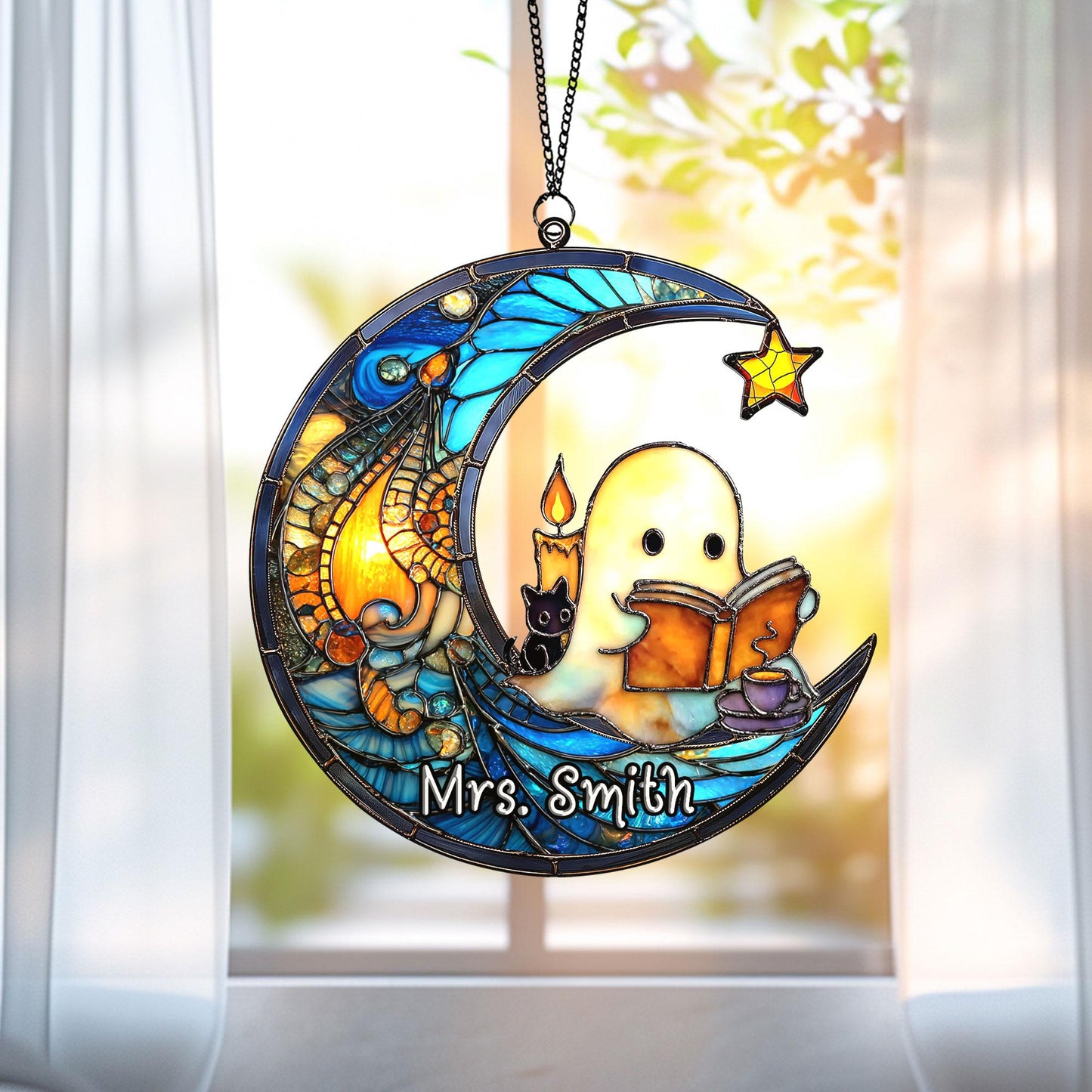 Cute Ghost Reading Book Halloween Suncatcher, Halloween Suncatcher ACRYLIC Window Hanging, Teacher Book Gift, Librarian Gift Book Lover Gift