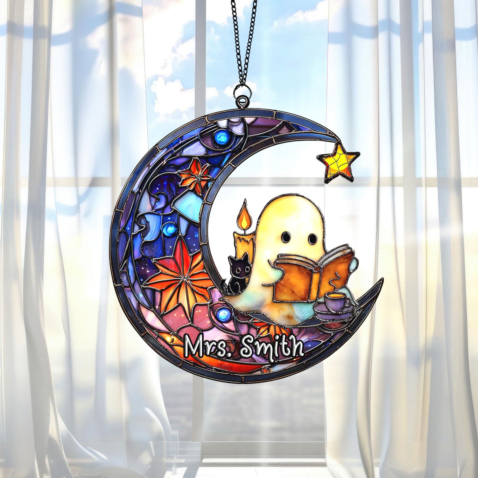 Cute Ghost Reading Book Halloween Suncatcher, Halloween Suncatcher ACRYLIC Window Hanging, Teacher Book Gift, Librarian Gift Book Lover Gift