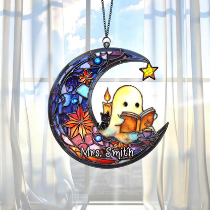 Cute Ghost Reading Book Halloween Suncatcher, Halloween Suncatcher ACRYLIC Window Hanging, Teacher Book Gift, Librarian Gift Book Lover Gift