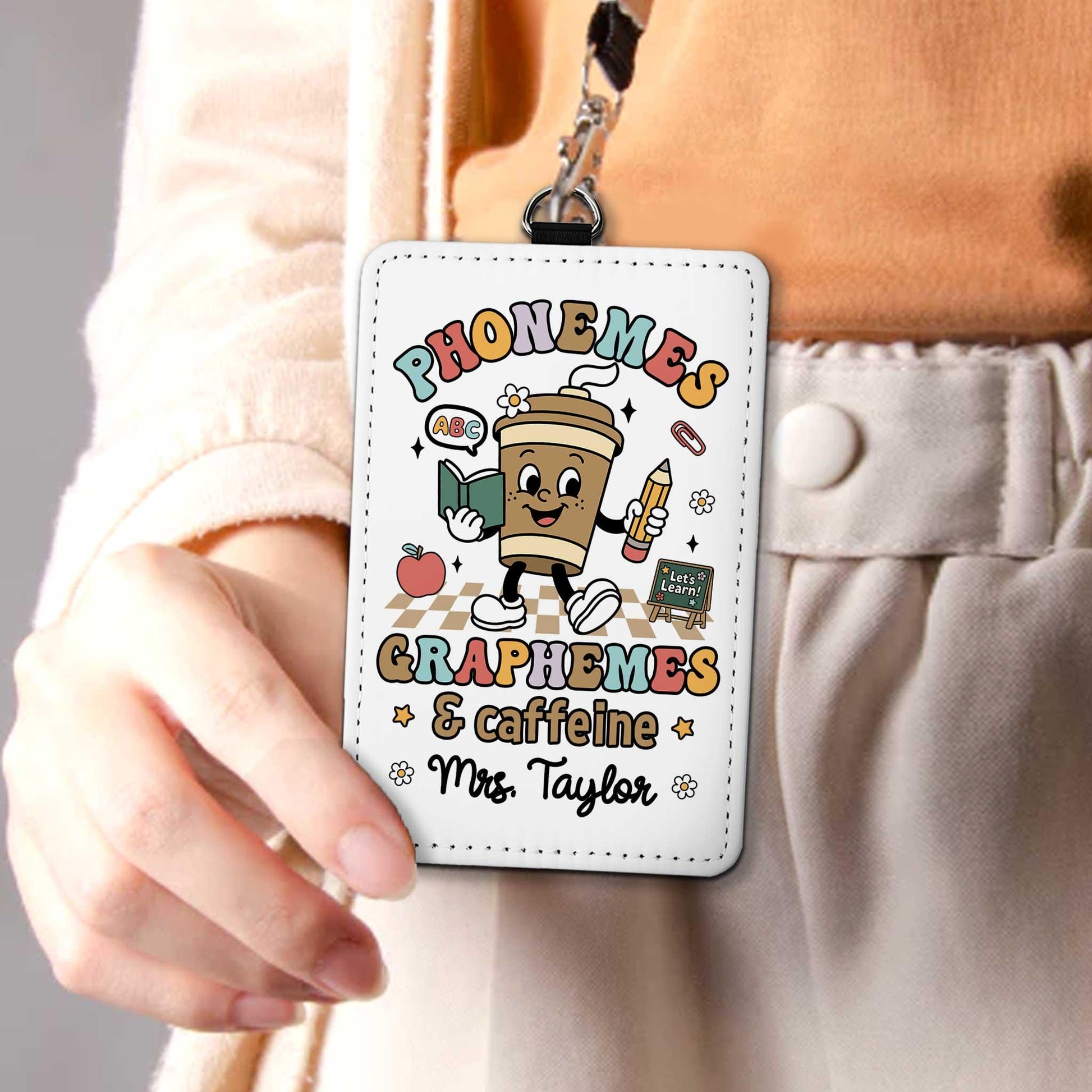 Personalized Phonemes Graphemes & Caffeine ID Badge Holder, ID Holder School Supply Theme, Teacher Appreciation Gift, Back To School Gifts