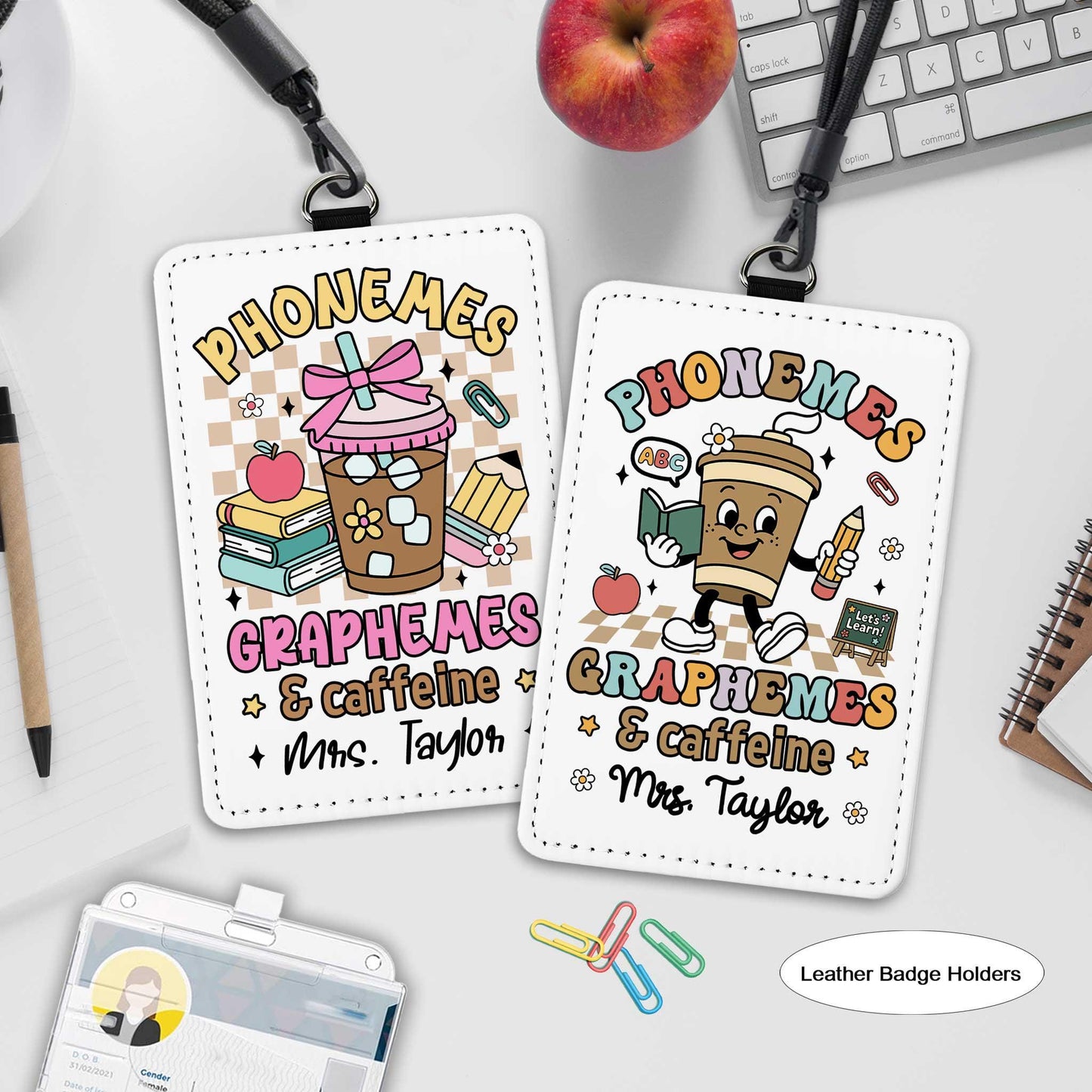 Personalized Phonemes Graphemes & Caffeine ID Badge Holder, ID Holder School Supply Theme, Teacher Appreciation Gift, Back To School Gifts