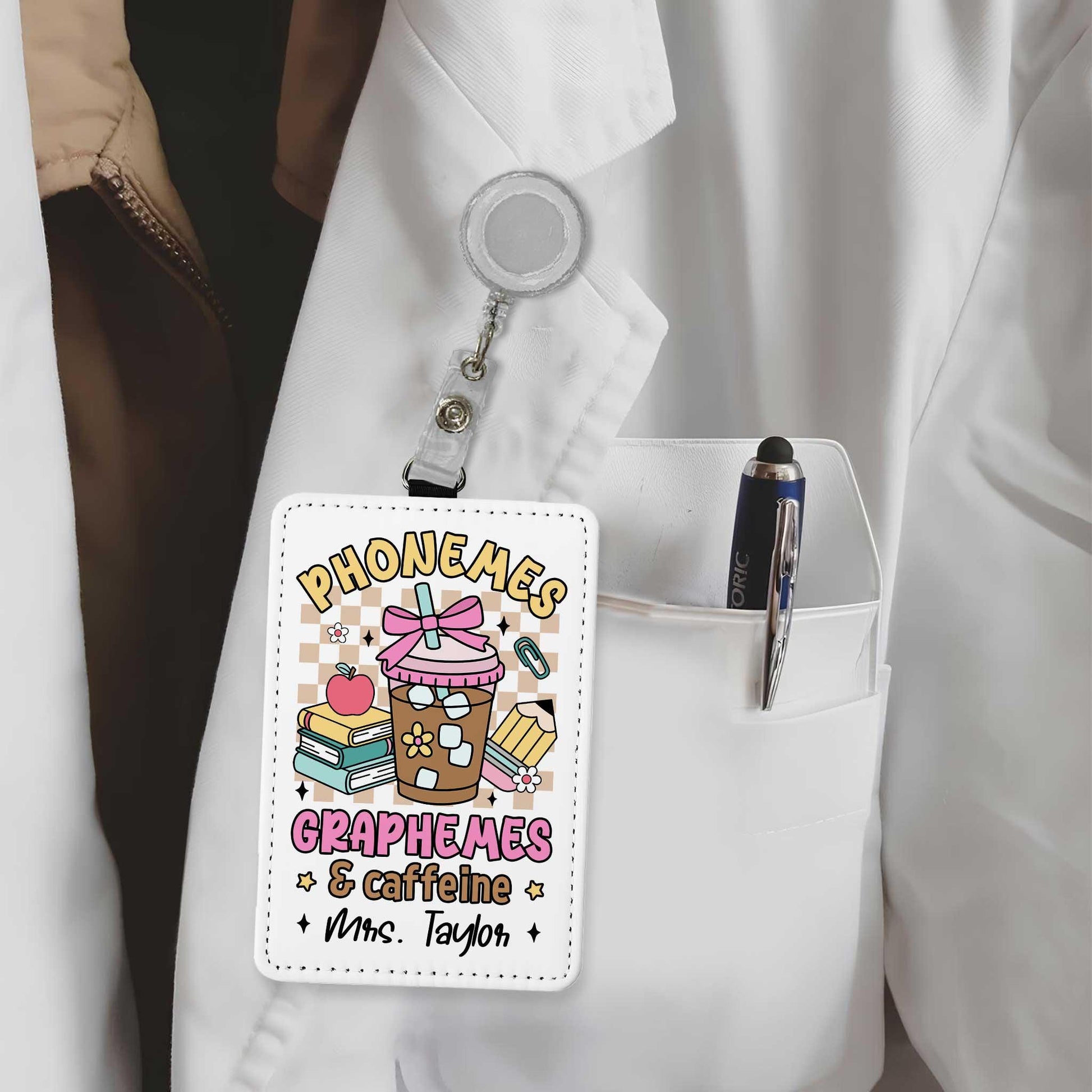 Personalized Phonemes Graphemes & Caffeine ID Badge Holder, ID Holder School Supply Theme, Teacher Appreciation Gift, Back To School Gifts