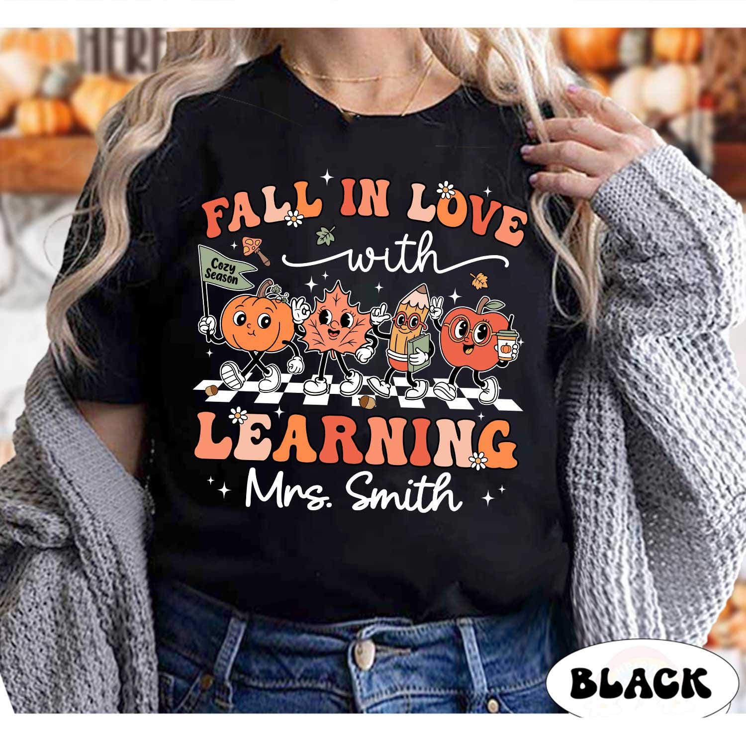Custom Teacher Shirt Fall In Love With Learning, Retro Fall Teacher Shirt, Teacher Gift, Kindergarten Teacher, Teacher Appreciation Gift