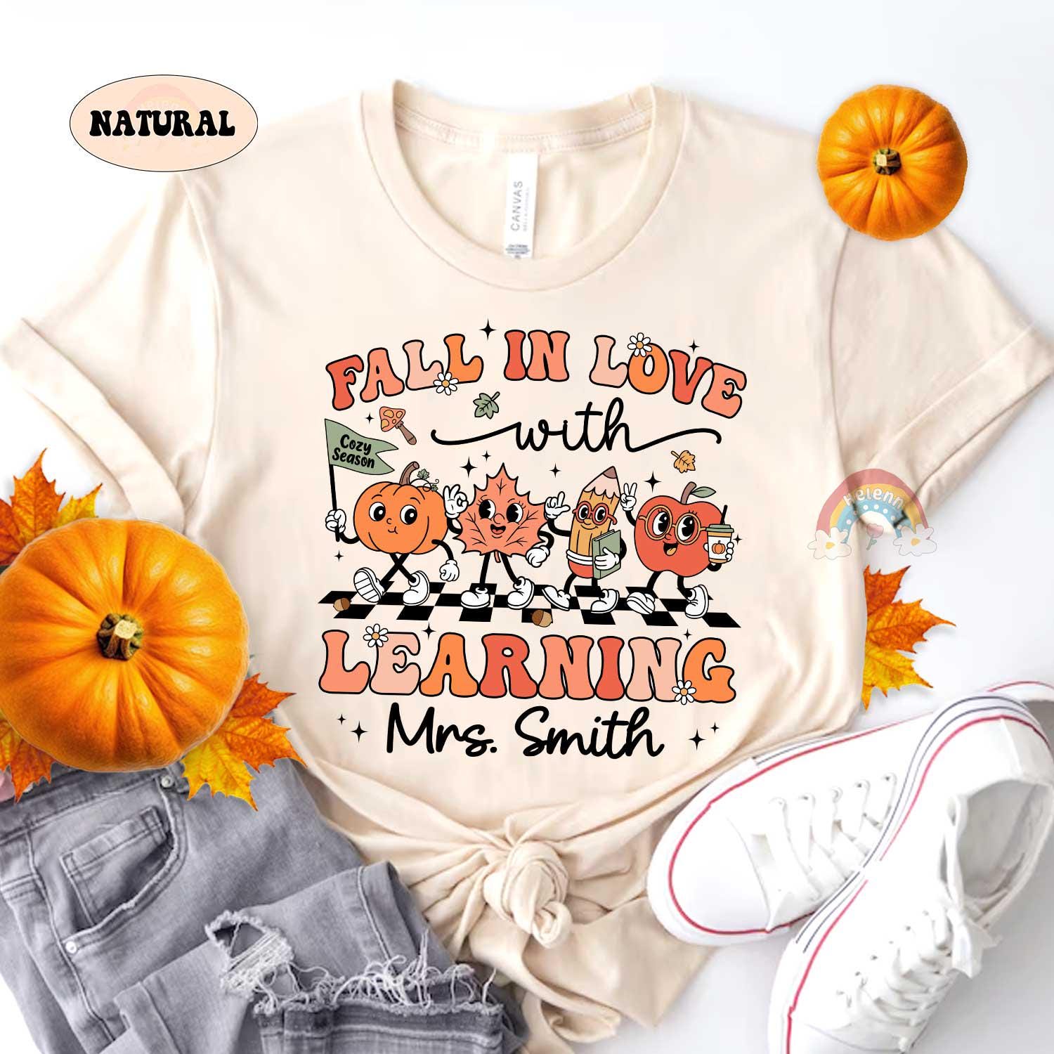 Custom Teacher Shirt Fall In Love With Learning, Retro Fall Teacher Shirt, Teacher Gift, Kindergarten Teacher, Teacher Appreciation Gift